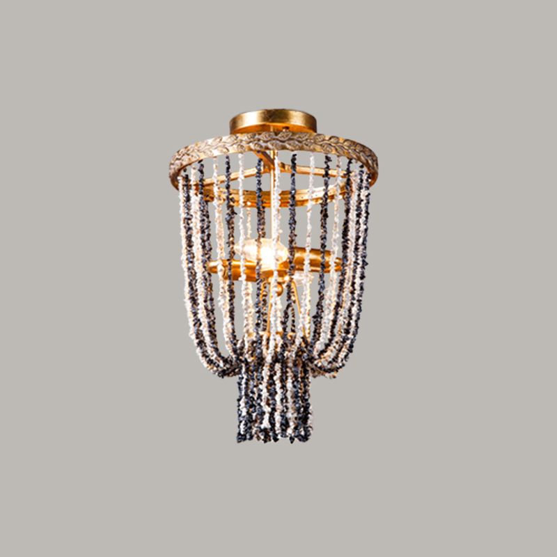 Basket Dining Room Flush Lighting Antiqued Metal 2 Lights Brass Flushmount with Stone Chain