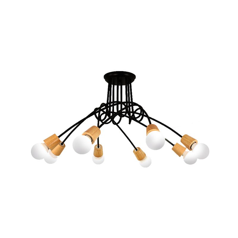 Metal Open Bulb Ceiling Light Fixture with Twisted Arm Loft Style 3/5 Lights Kitchen Semi Flush Pendentif Light in Wood