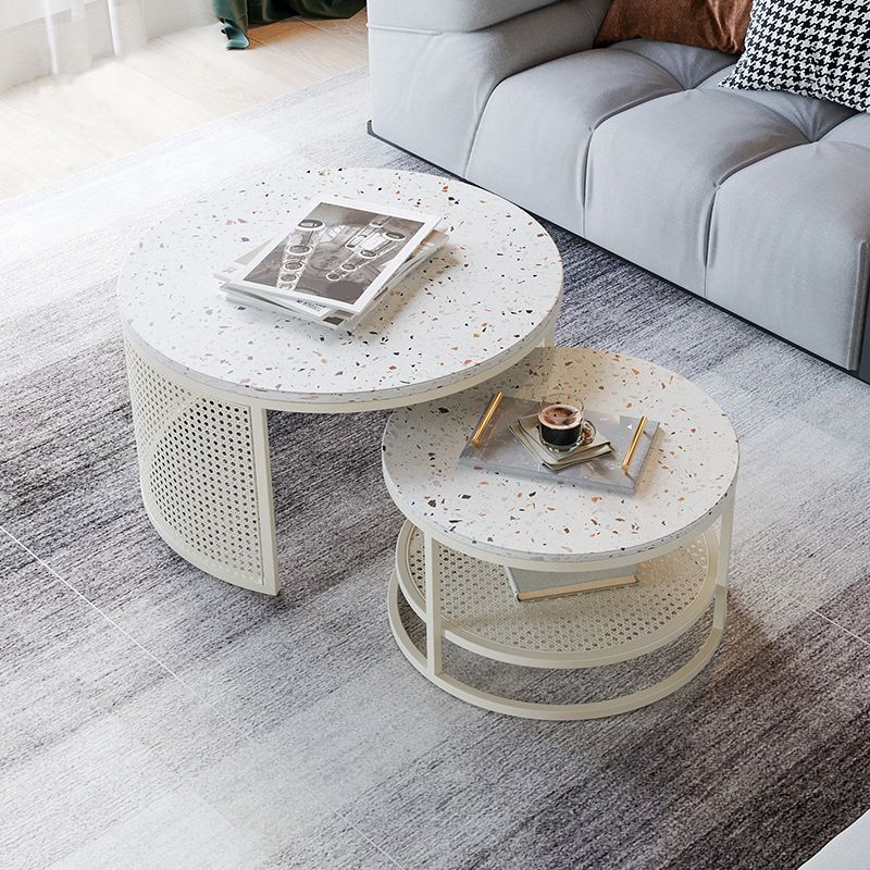 Contemporary Coffee Table White Round Slate Coffee Cocktail Table