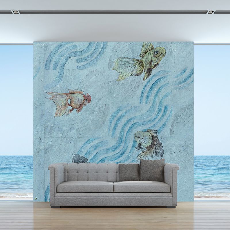 Goldfish in Flowing Steam Murals Grey-Blue Art Deco Wall Covering for Kids Bedroom