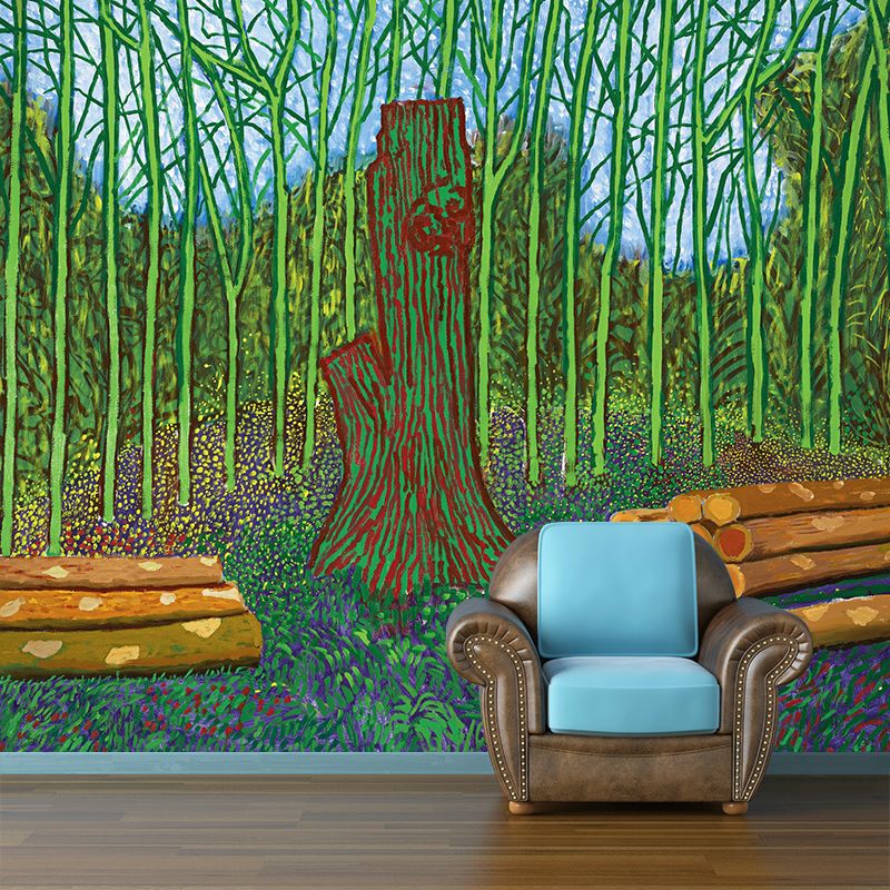 Art Deco Wood Logs Mural Decal Green Botanix Wall Covering for Living Room, Custom Size