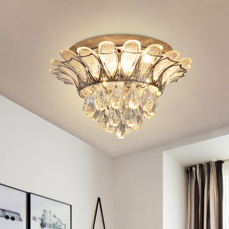 Clear Glass Petals Flush Light Simple Bedroom LED Flush Mount Ceiling Fixture with Crystal Droplet