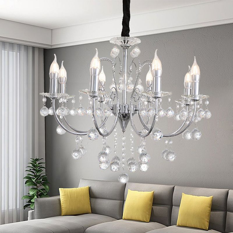 Contemporary Candle Chandelier Lamp with Clear Crystal Ball 5/8 Lights Pendant Lighting in Chrome