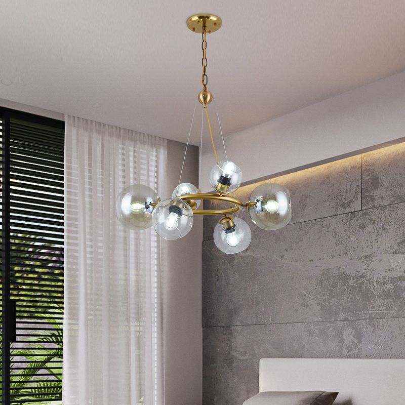 Lampadario a pendente sferico oro contemporaneo 6/9 teste a soffitto in vetro trasparente