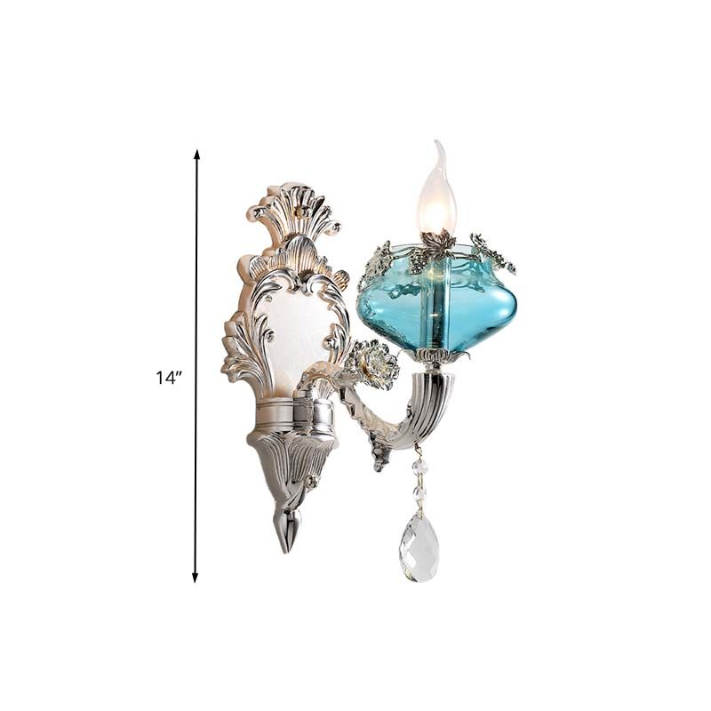 Candle Bedroom Sconce Light Antique Blue Glass 1/2 Heads Chrome Wall Lighting Fixture with Dangling Crystal Accent