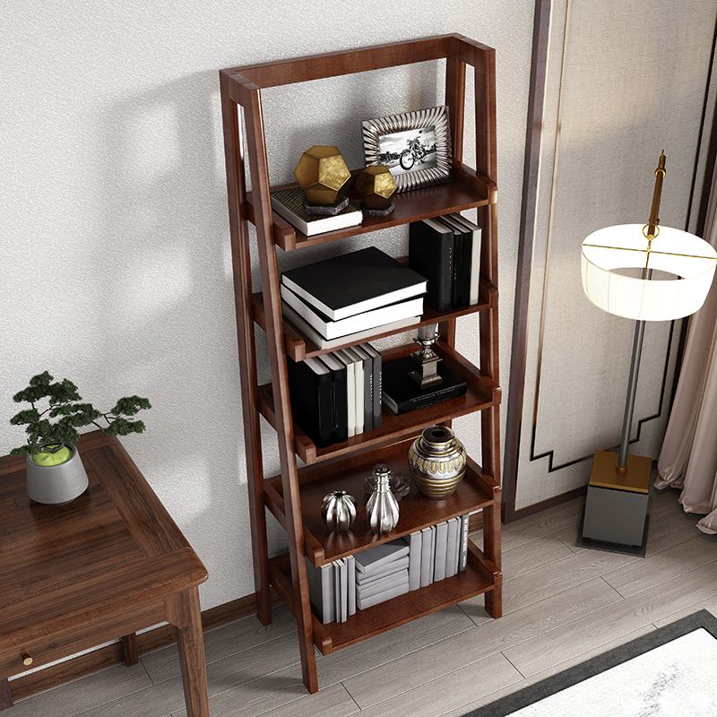 Open Back Walnut Bookcase Contemporary Ladder Bookshelf with Shelves