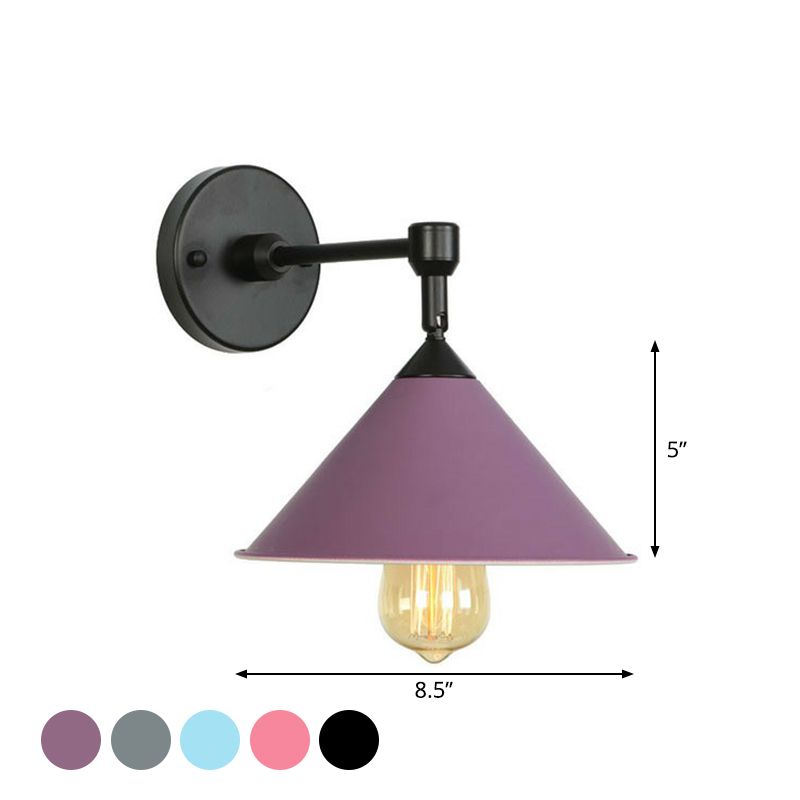 1-Light Wall Lamp Fixture Loft Roll-Trim Cone Iron Wall Mounted Light Fixture in Pink/Grey/Blue