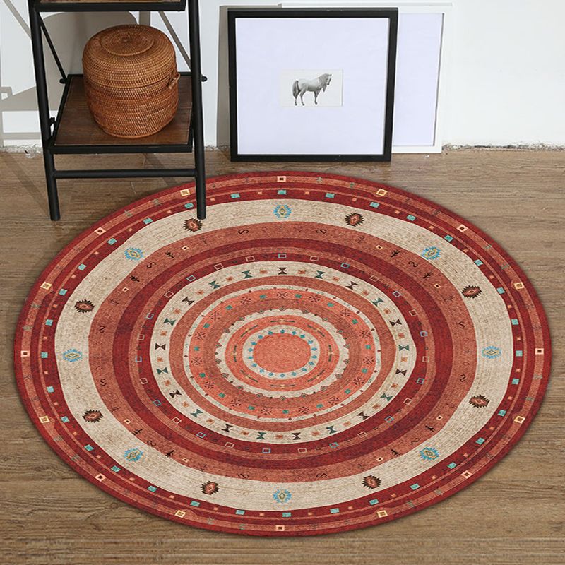 Bohemian Living Room Rug in Red Circle Print Rug Polyester Washable Stain-Resistant Pet Friendly Area Rug