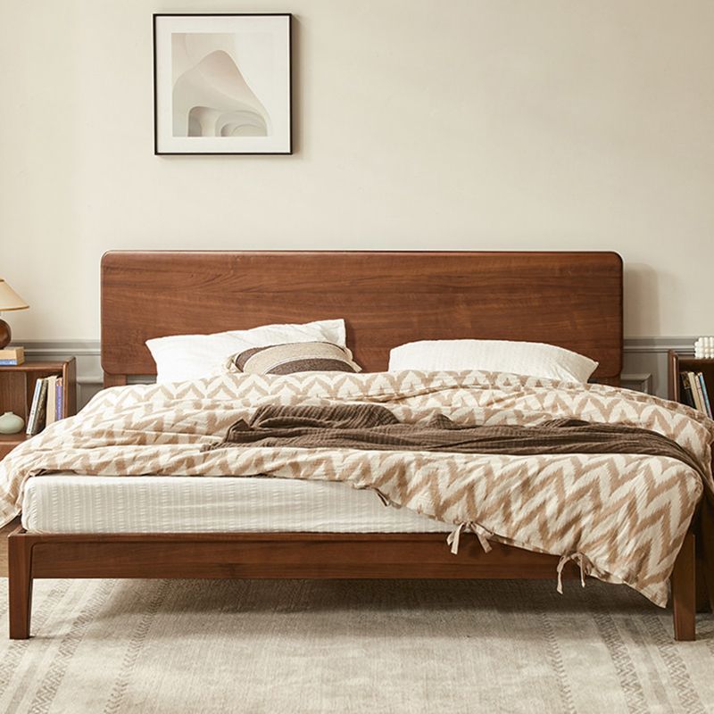 Solid Wood Standard Bed in Brown Panel Bed with Rectangular Headboard
