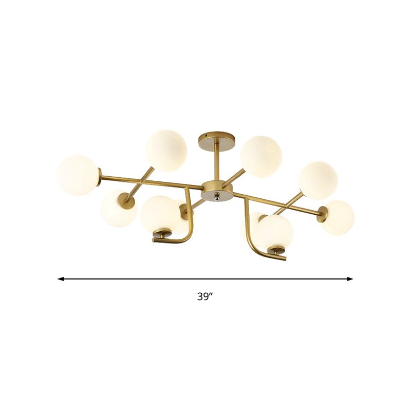 Multiple Rod Semi Ceiling Light Fixture with Globe Glass Shade Modern Metal 6/10 Heads Gold Flush Mount for Living Room