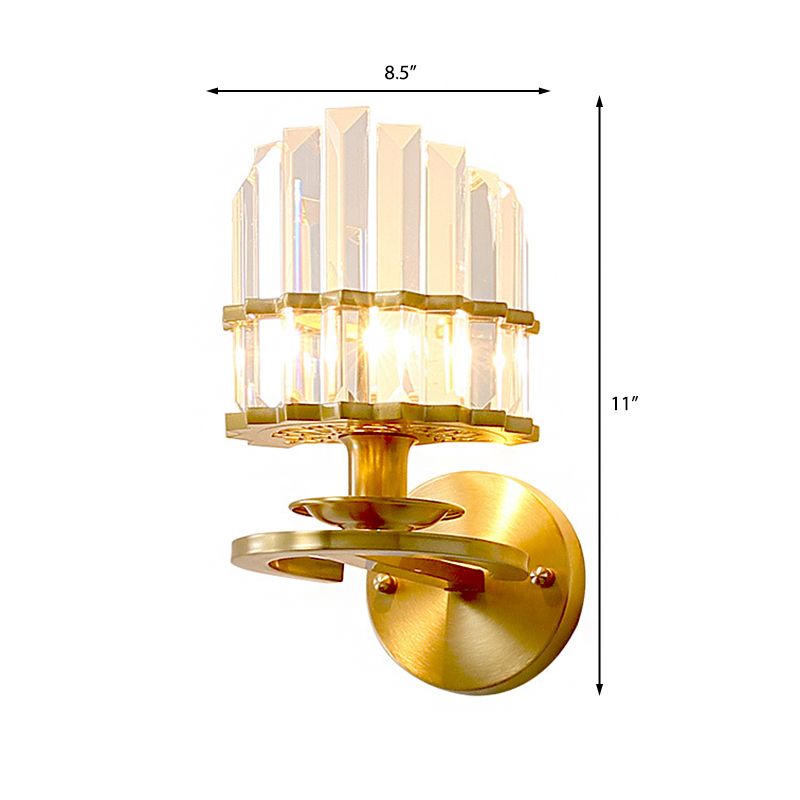Clear Crystal Prism Wall Lighting Fixture Contemporary 1 Light Wall Lamp with Round Backplate in Brass