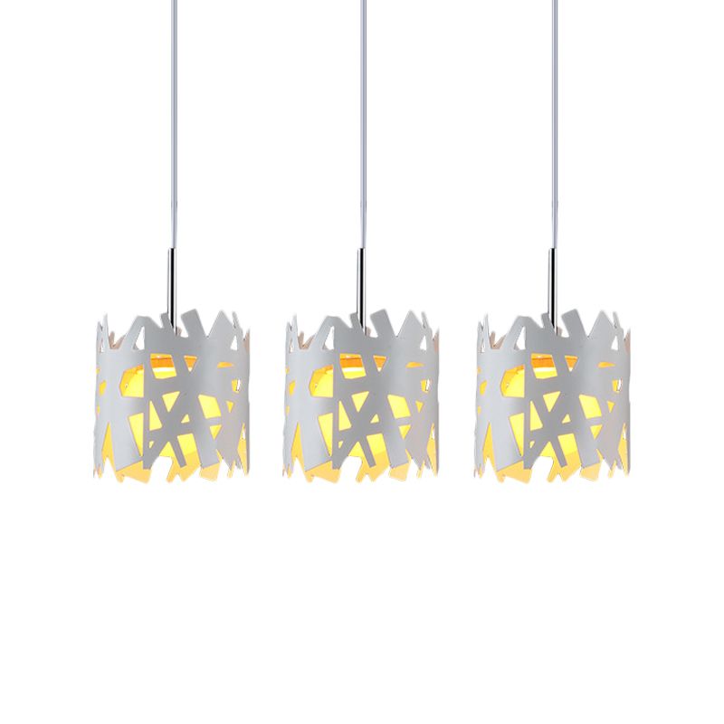 3 Bulbs Living Room Multiple Hanging Light Modernist White Pendant with Hollow-Out Cylinder Iron Shade, Linear Canopy
