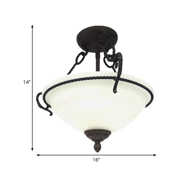 Iluminación de semi-montaje de tazón vintage 3 luces lámpara de araña de vidrio crema de vidrio con detalle de cuerda en negro