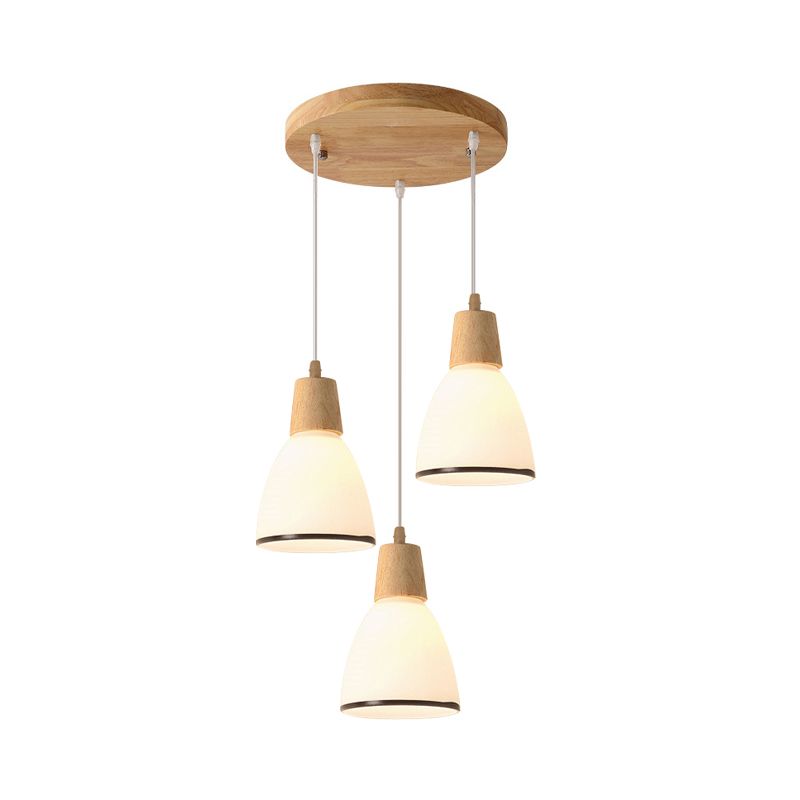 Bell/Bowl/Barrel Ceiling Hang Lamp Nordic Ivory Glass 3-Head Dining Room Round/Linear-Canopy Cluster Pendant in Wood