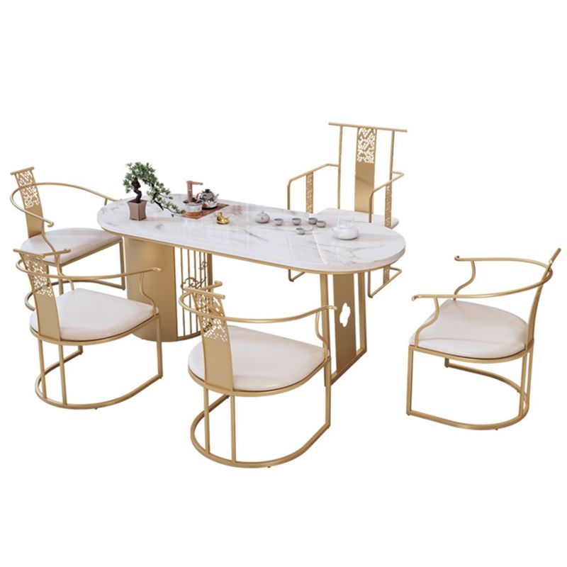 Traditional Luxury Oval Dining Table Sintered Stone Table with Gold Double Pedestal for Dining Room