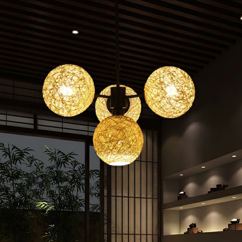 Sphere Rattan Chandelier Pendant Light Contemporary 4 Heads Flaxen Hanging Light Fixture