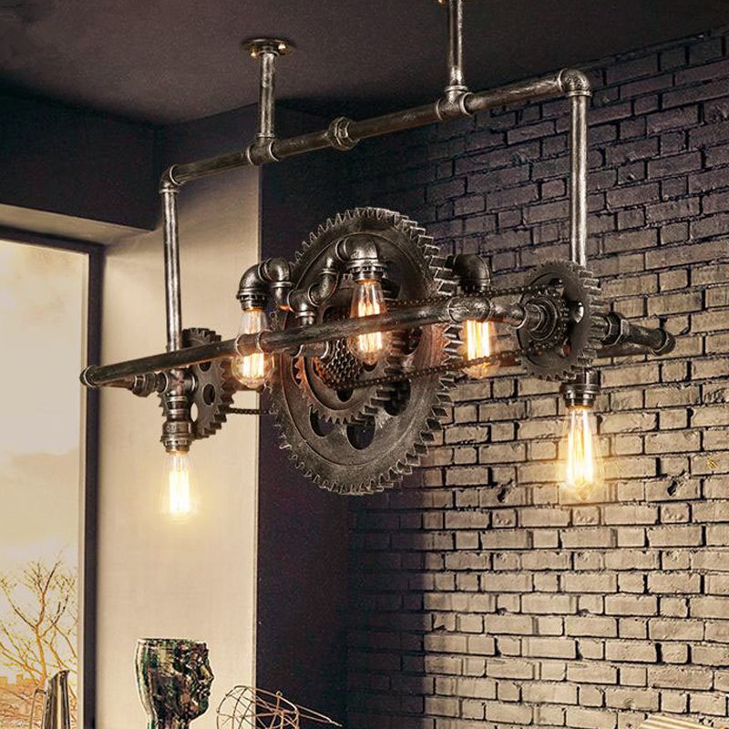 Silver Gray Open Island Light Fixture Coastal Metal 6-Light Dining Room Hanging Lamp with Gear Design