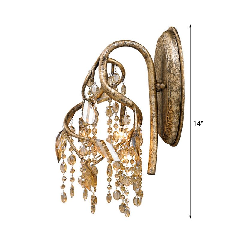Branching Wall Mount Lighting Vintage Metal 1 Bulb Brass Finish Sconce Light with Amber Crystal Bead Accent