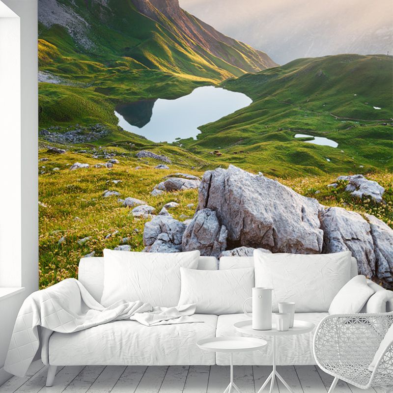 Mountain Puddle Scenery Wall Mural Modern Smooth Wall Covering in Green for Living Room