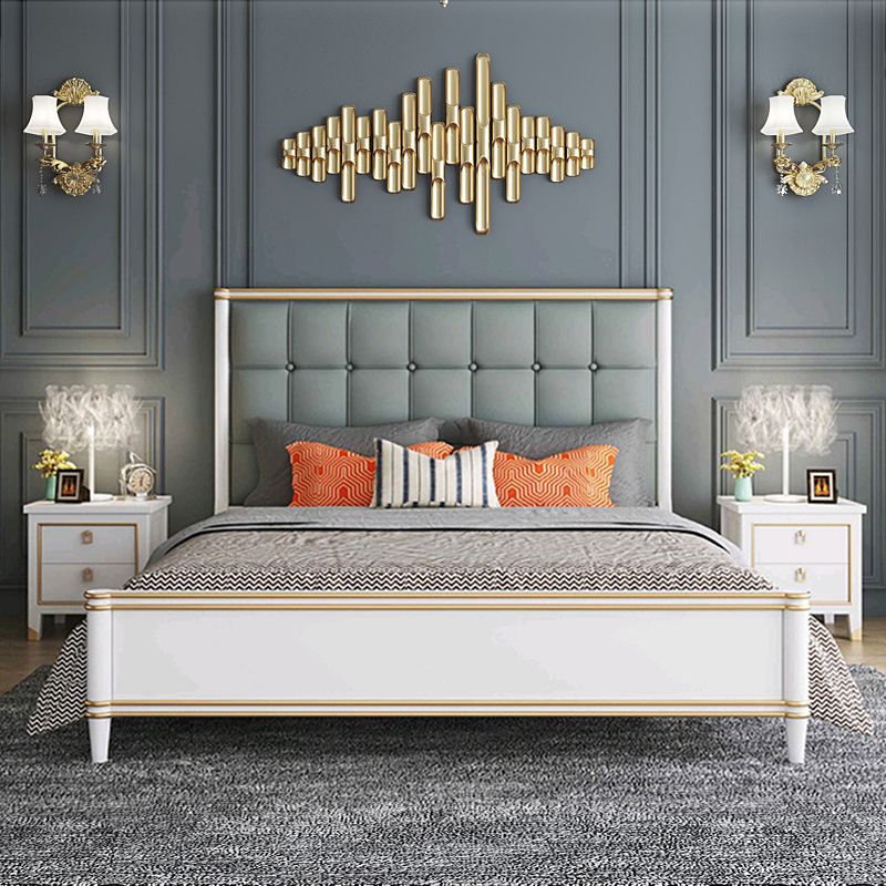 Modern Standard Bed with Tufted Upholstered Headboard and Soild Wood Legs