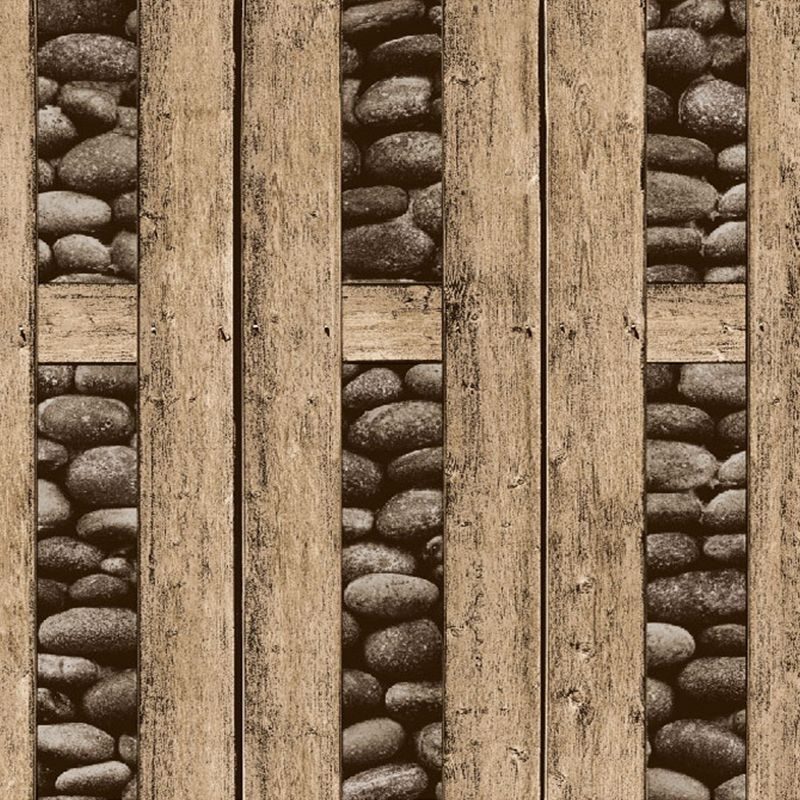 Pebble and Wood Frame Wallpaper Roll Dark Color Rustic Wall Decor for Guest Room