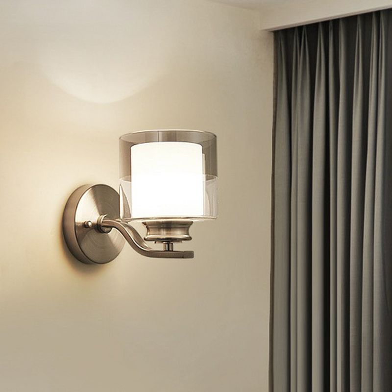 Dual Glass White Wall Sconce Cylindrical 1 Head Minimalistic Wall Mount Lamp for Bedroom