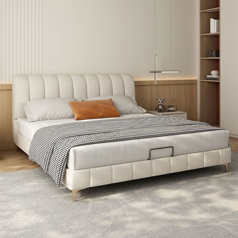 Upholstered Headboard Standard Bed Solid Wood Slat Bed in White