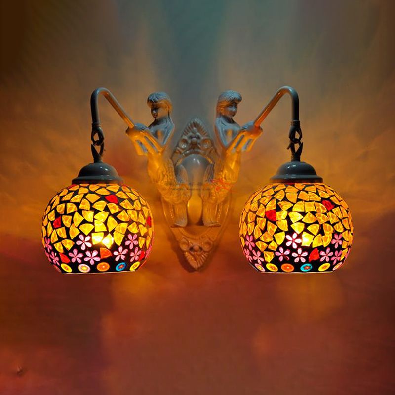 Cut Glass Red/Pink/Yellow Vanity Lamp Globe Shade 2 Lights Mediterranean Sconce Light Fixture for Bathroom