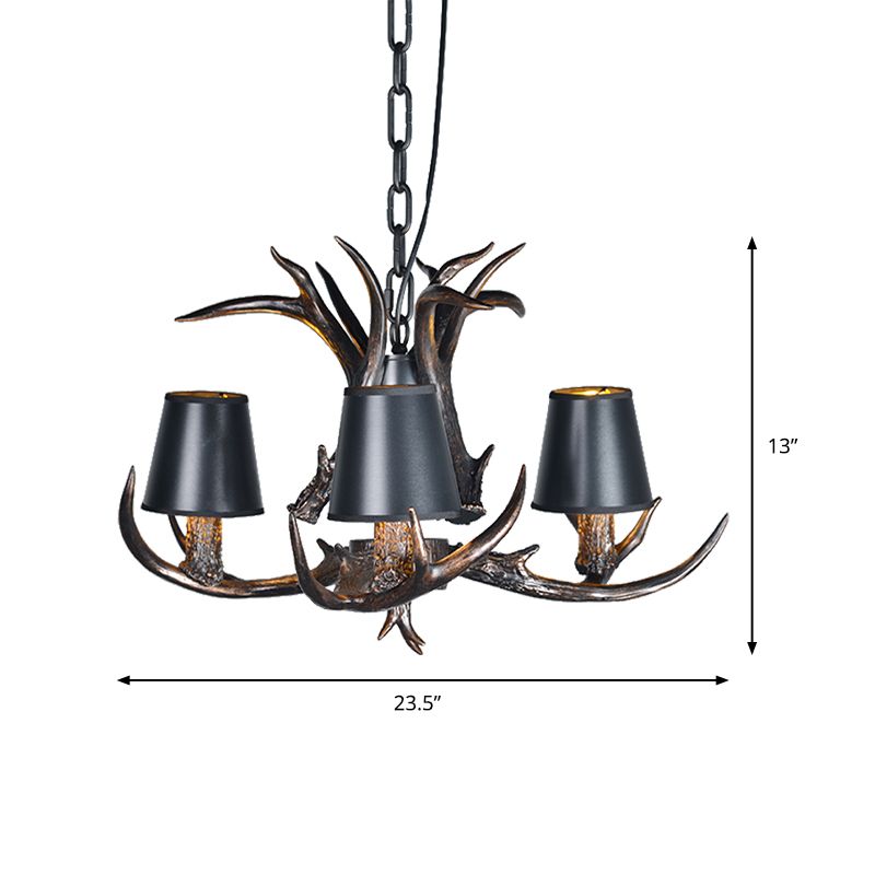 Black 3/6/8 Lumières lustre Lighting Rustic Resin Conical Pendant lampe avec faux bois pour chambre à coucher