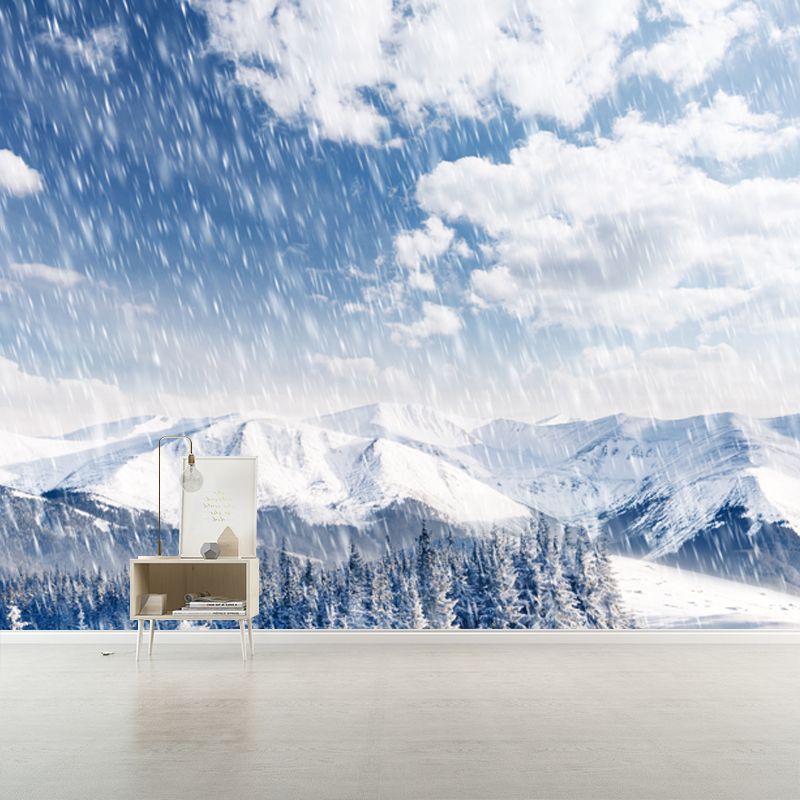 Photography Snowing Mountain Mural Wallpaper for Living Room, White, Personalized Size