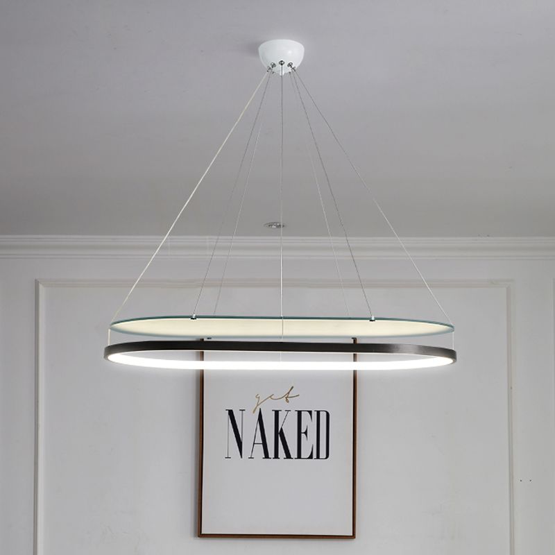 Lampadanda a sospensione ovale acrilica a doppio lampadario moderno a soffitto nero/oro per la sala da pranzo
