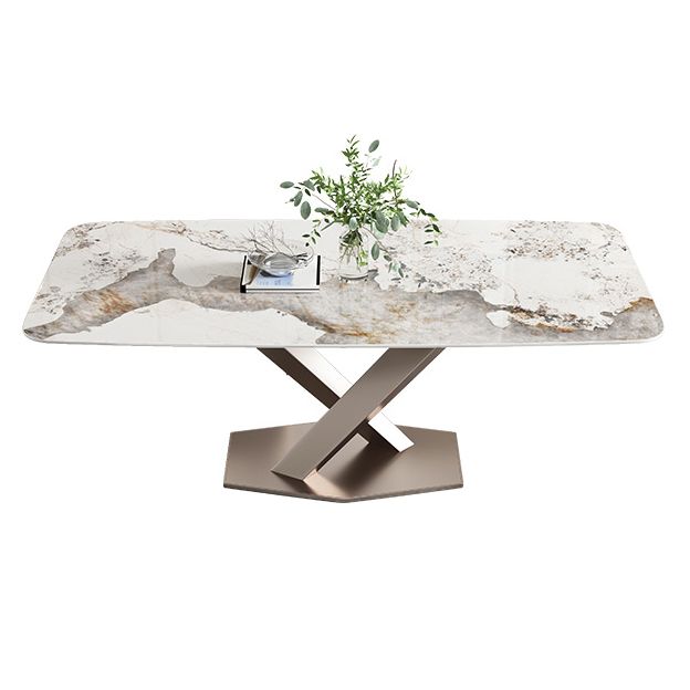 Metal Traditional Luxury Rectangular Dining Table Sintered Stone Table with Pedestal