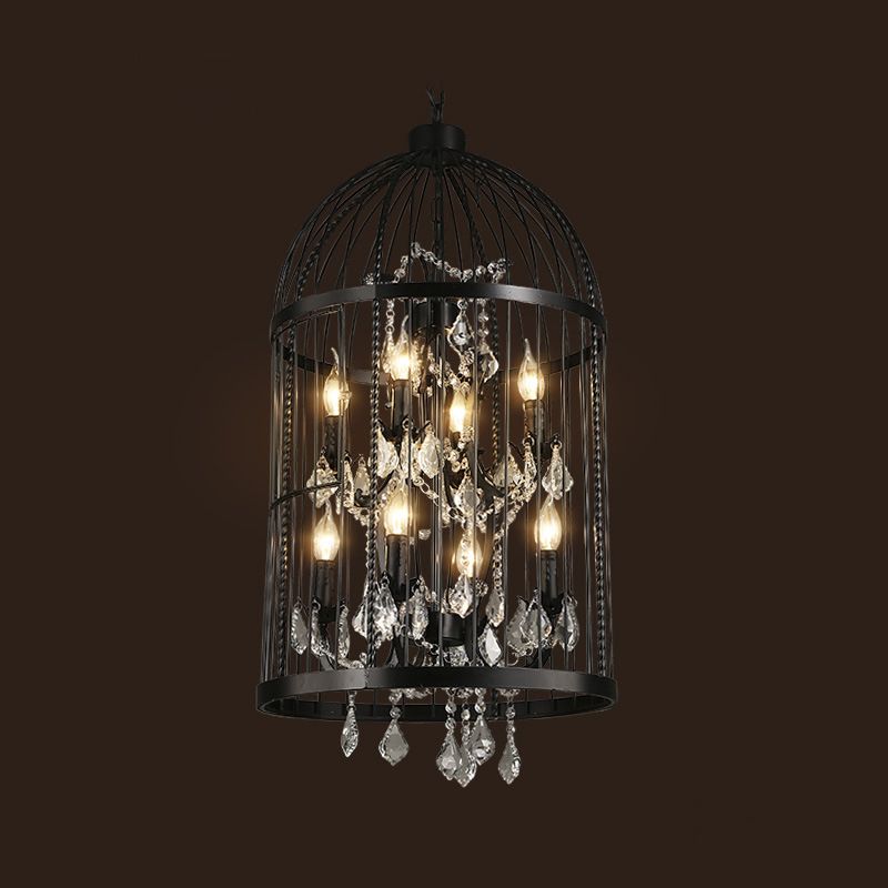 Farm Style Birdcage Chandelier Lamp Metal Pendant Light with Clear Crystal Drapes