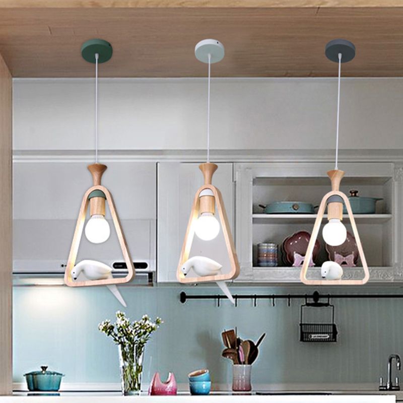 Dadelloze houten suspensielamp Noordse 1-licht hangerverlichting met harsvogel decor