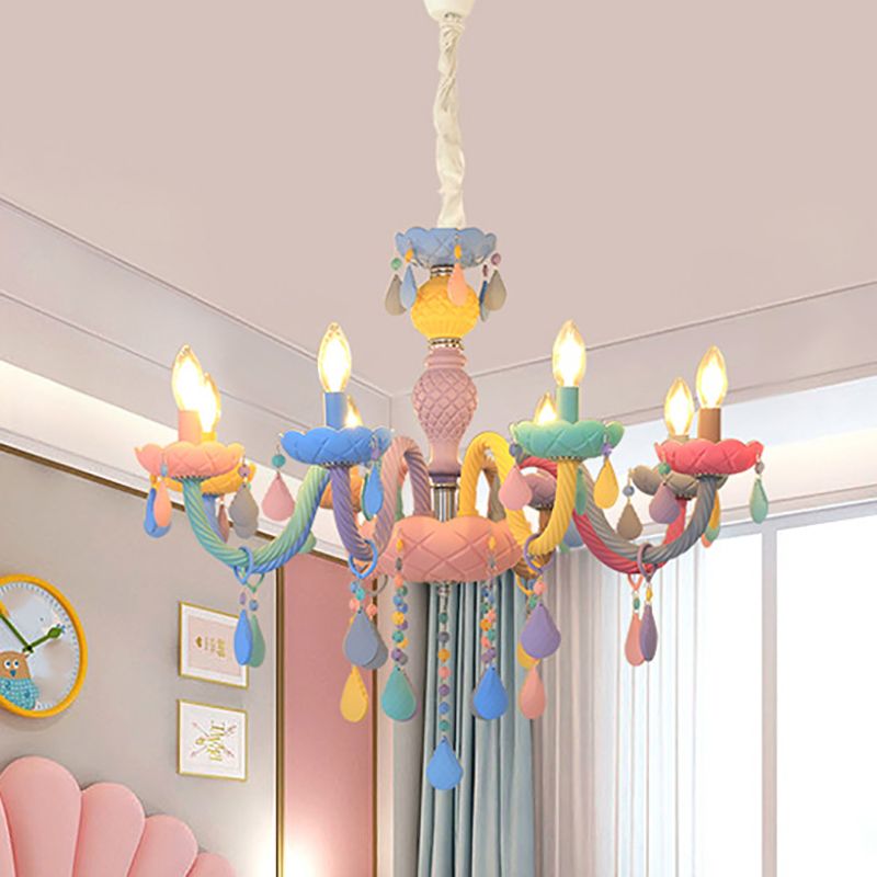 Girl Bedroom Candle Pendant Light Multi-Color Glass Macaron Chandelier