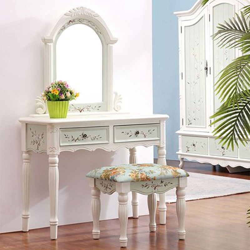 Victorian 2 Drawers MakeupTable Stool Set with Mirror for Bedroom