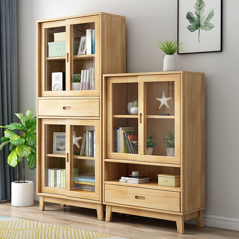 Contemporary Cabinet Natural Finish Side Cabinet with Glass Paned