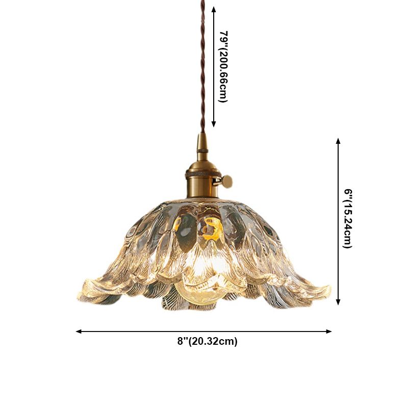 Clear Textured Glass Brass Pendant Floral 1-Light Vintage Hanging Light for Dining Room