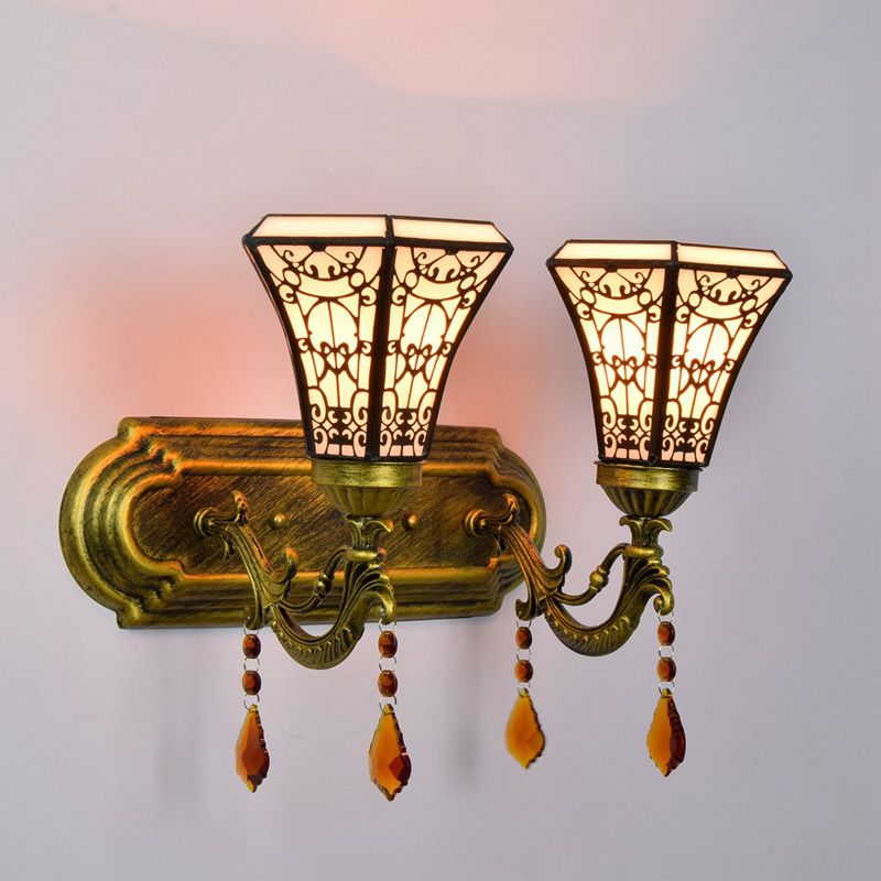 Brass 2 Bulbs Wall Mounted Lamp Mission Stained Glass 4-Sided Pyramid/Flared Wall Sconce Lighting