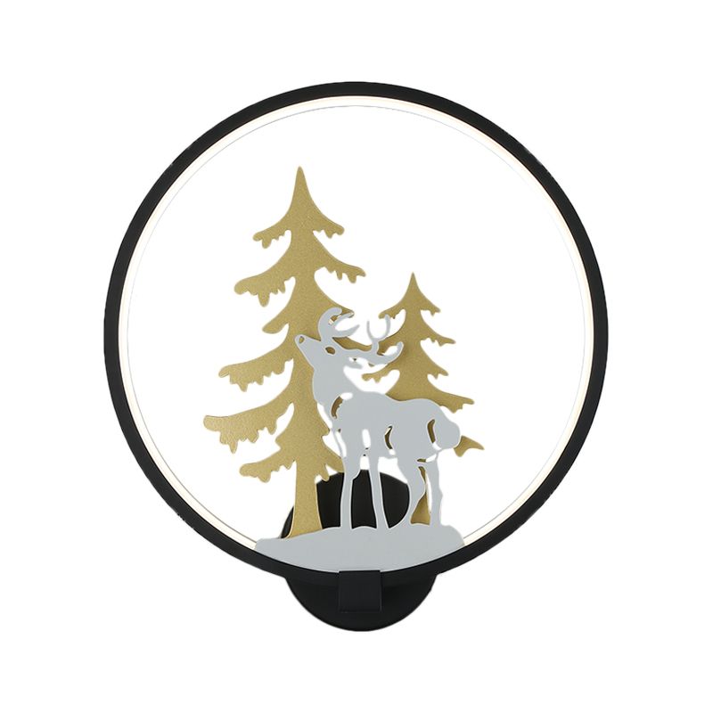 Black/White Round Deer and Tree Mural Light Minimalist Style LED Metal Wall Lighting Fixture, Warm/White Light