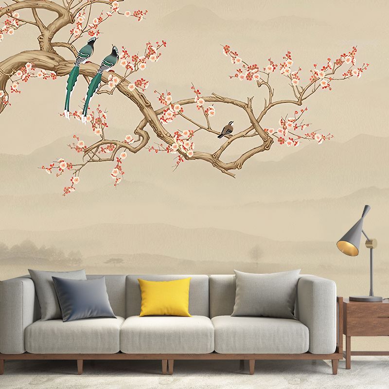 Waterproofing Bird and Blossoms Mural Wallpaper Traditional Wall Covering for Living Room