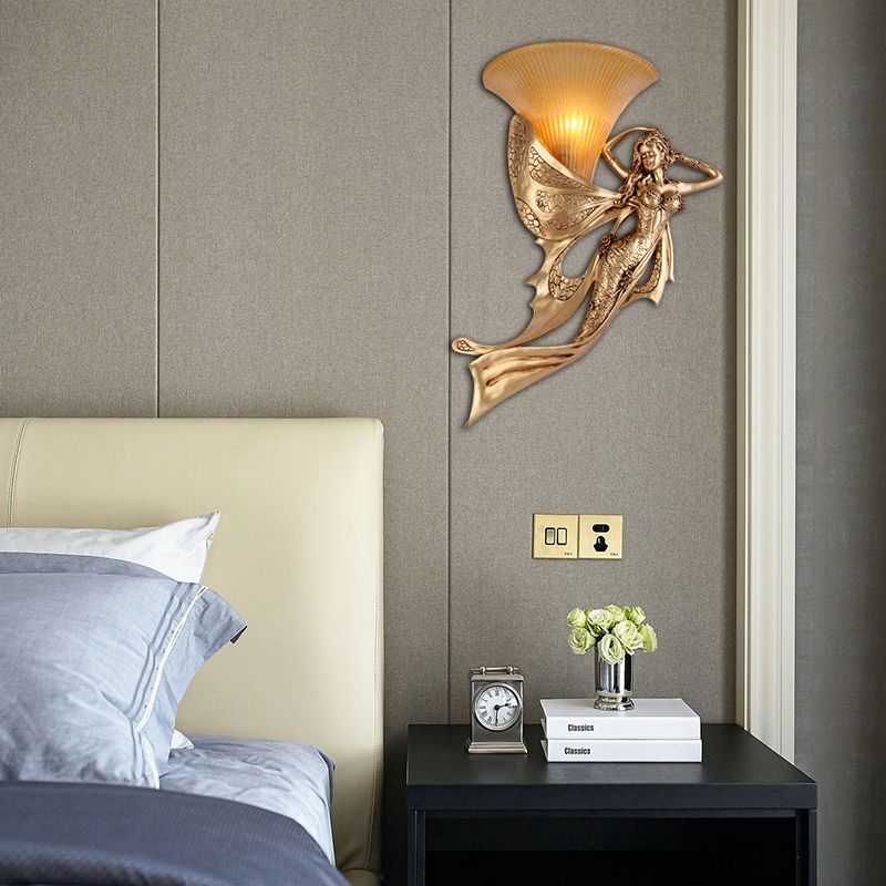 Golden Mermaid Wall Mounted Lamp Vintage Style Resin 1 Bulb Bedside Wall Sconce with Bell Amber Glass Shade, Left/Right