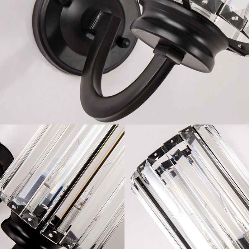 Clear Crystal Drum Wall Lamp Modernist 1 Light Sconce Light Fixture with Metal Curved Arm in Black