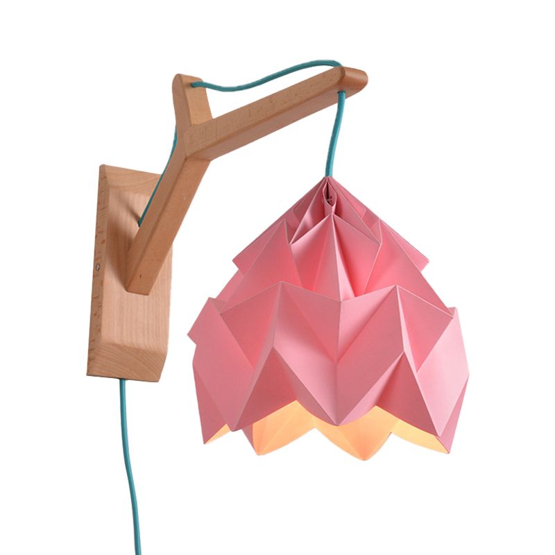 Domed Shade Paper Wall Mounted Lamp Macaron 1 Head White/Pink/Yellow/Blue/Green Sconce Light Fixture with Wood Backplate