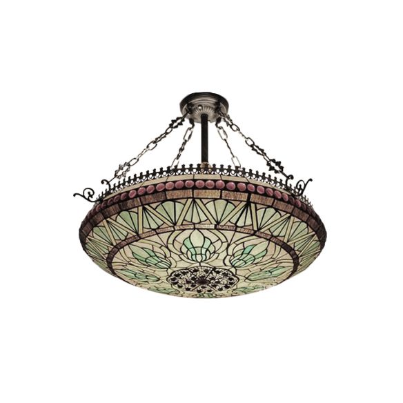 Inverted Chandelier Lighting Tiffany 3 Lights Stained Glass Hanging Light in Orange/Green