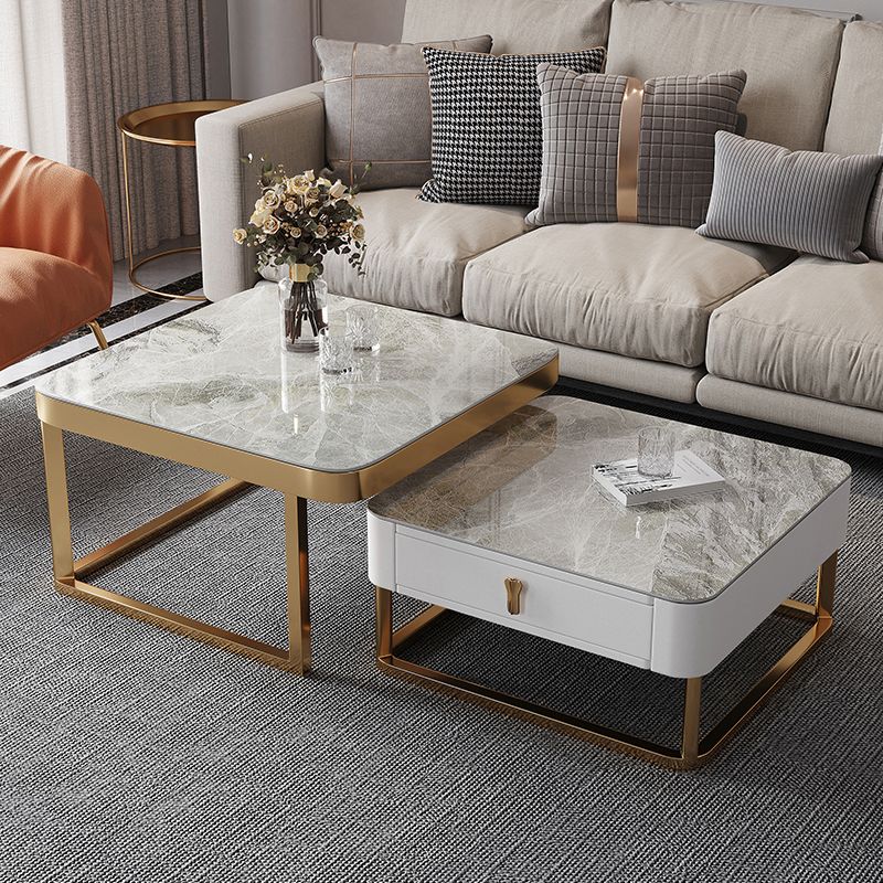 Gold Frame Metal Iron Base Design with Drawer Square Coffee Table