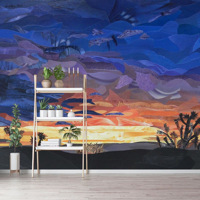 Artistic Wilderness Sunset Cactus Murals for Living Room Personalized Wall Covering in Orange-Blue