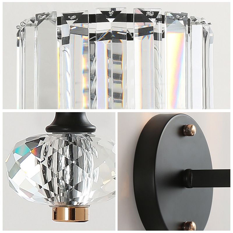 Crystal Drum Wall Light Modern 1 Light Flush Mount Wall Sconce in Black for Living Room