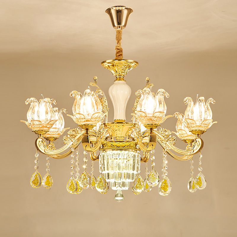 Carved Glass Lotus Shape Hanging Lamp Traditional Bedroom Chandelier with Crystal Accents in Gold