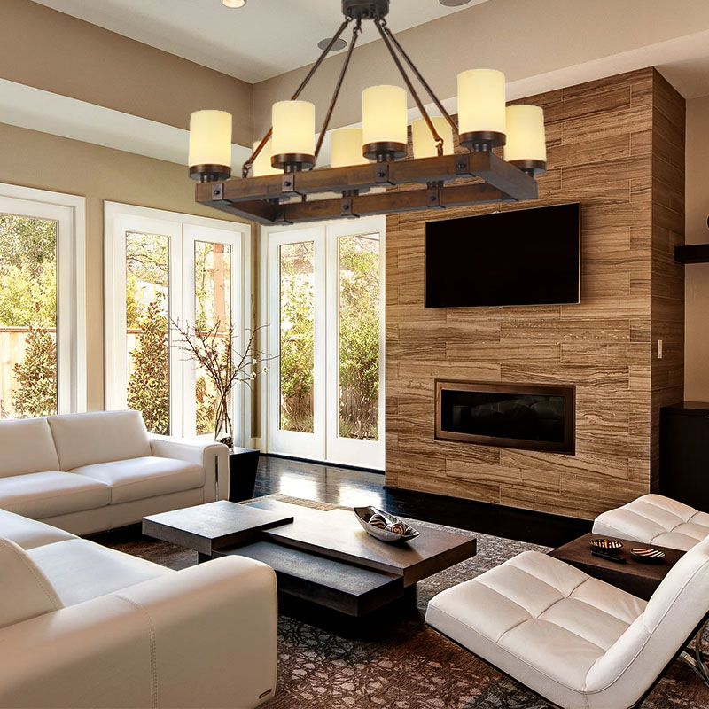 Lampada isola del cilindro in vetro bianco Vintage 6/8 Luci soggiorno Luce a soffitto con base in legno